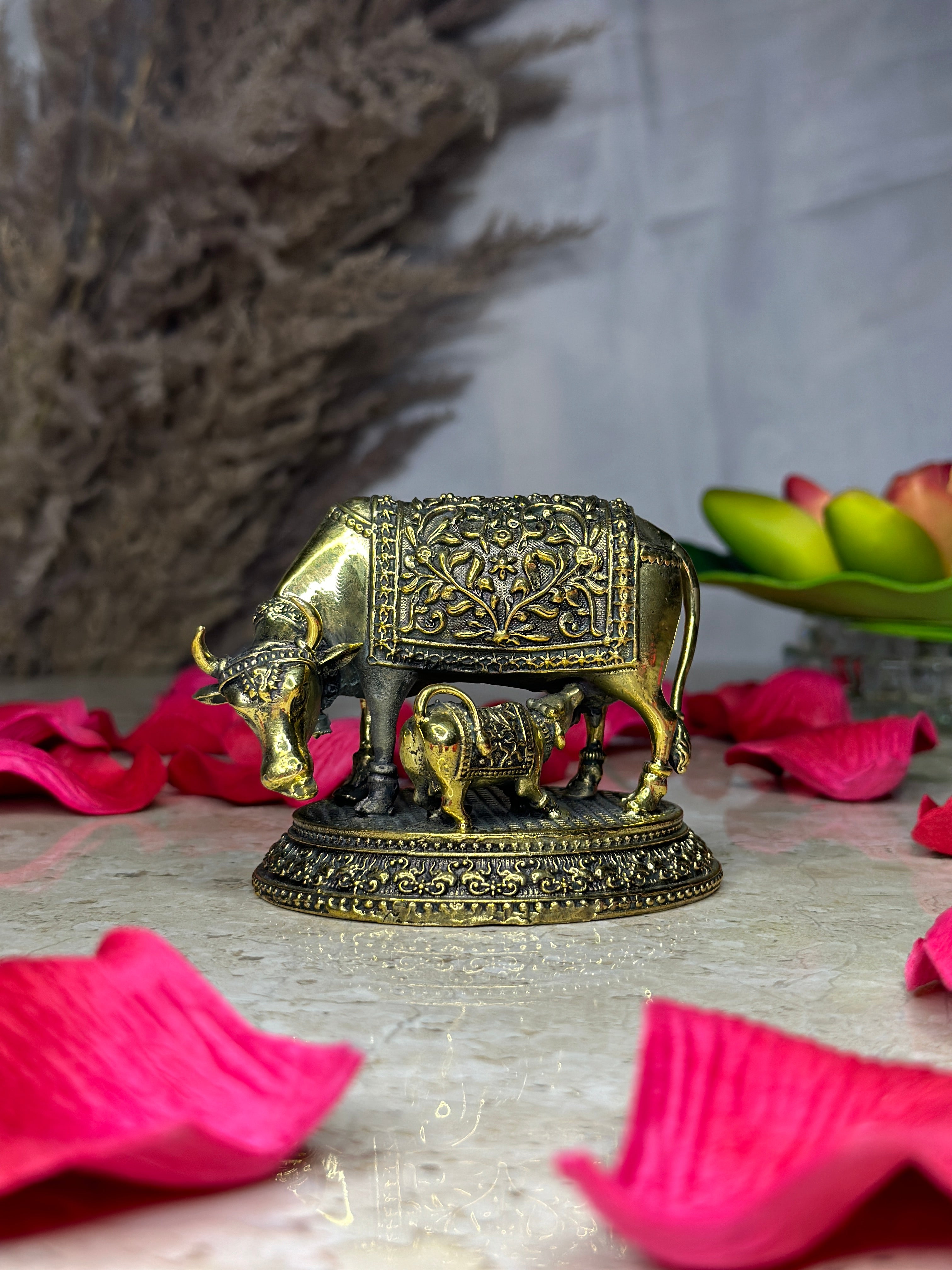 Cow & Calf Brass Murti | Kamdhenu Idol for Home, Temple & Gifts